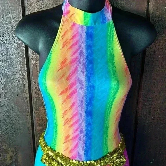 Vintage Rainbow Halter Neck Bell Bottom Flare Leg Jumpsuit Dance Costume 80s 90s - Picture 2 of 9